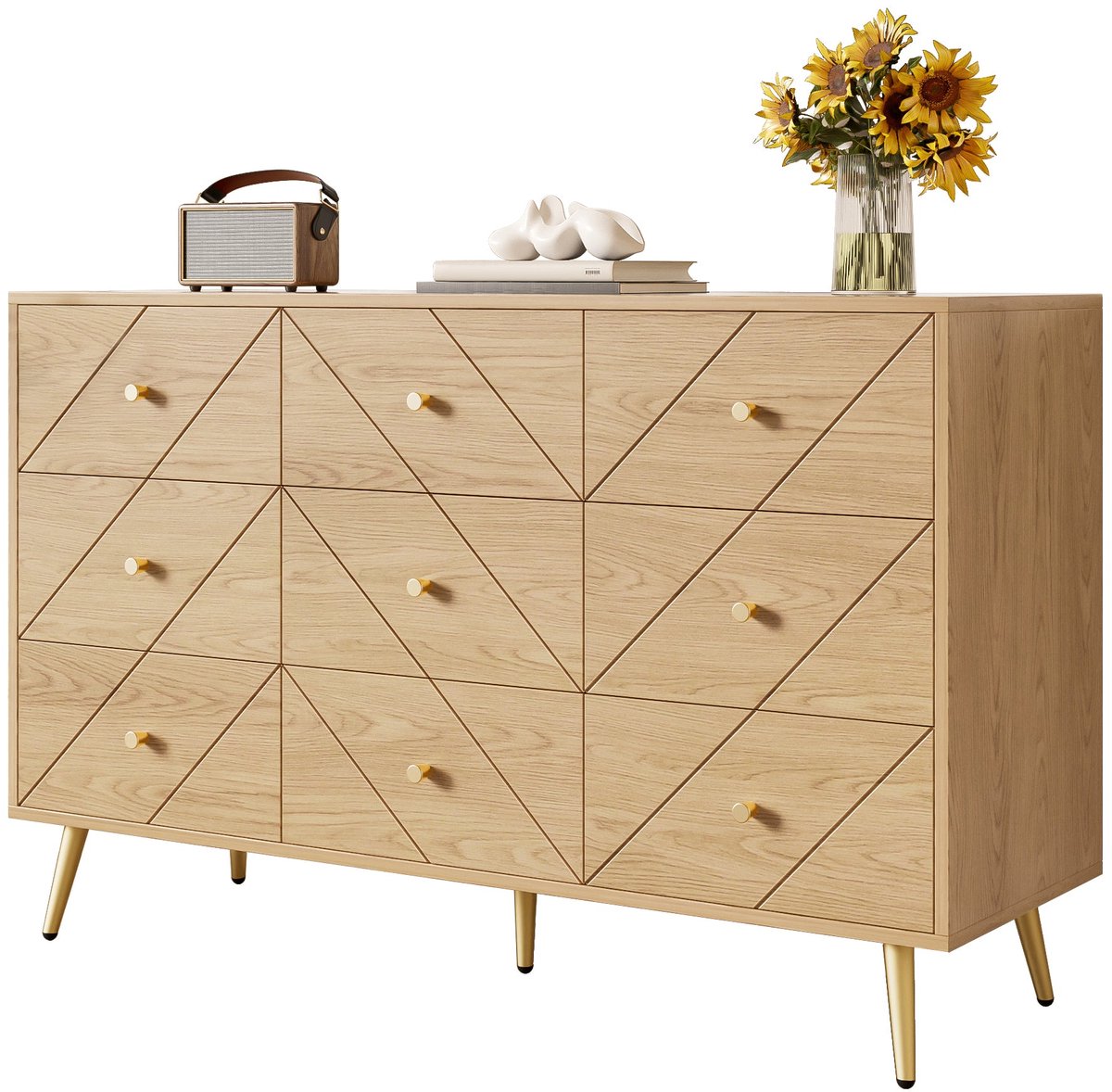 Merax Ladekast - 9 Laden - Houtkleur - Metalen Poten - 120 x 39 x 80 cm Bruin