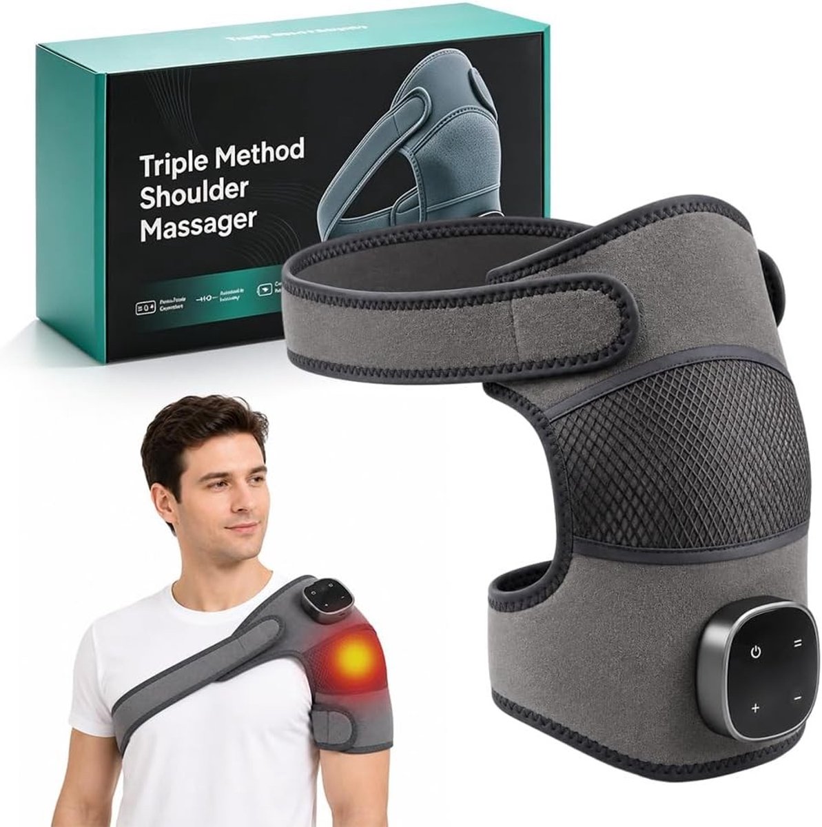 Draadloze Schoudermassager met Verwarmin, Drievoudige Actie, 5 Warmtestanden en 3 Trilmodes voor Thuis of Op Kantoor, Lichtgewicht en Draagbaar