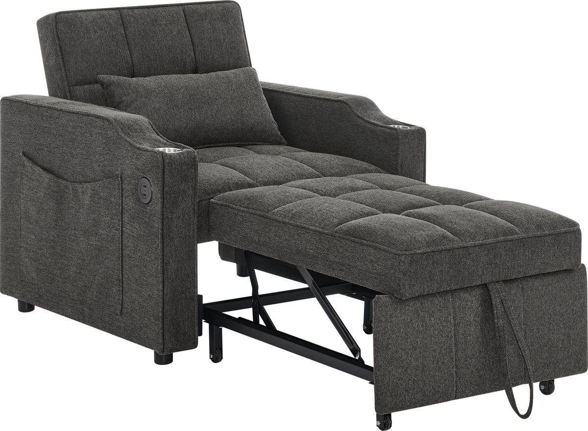 Merax 3-in-1 Slaapfauteuil - Donkergrijze Slaapstoel 190 cm - Met USB-C - Bekerhouder - Verstelbare Rugleuning - Voor Kleine Ruimtes