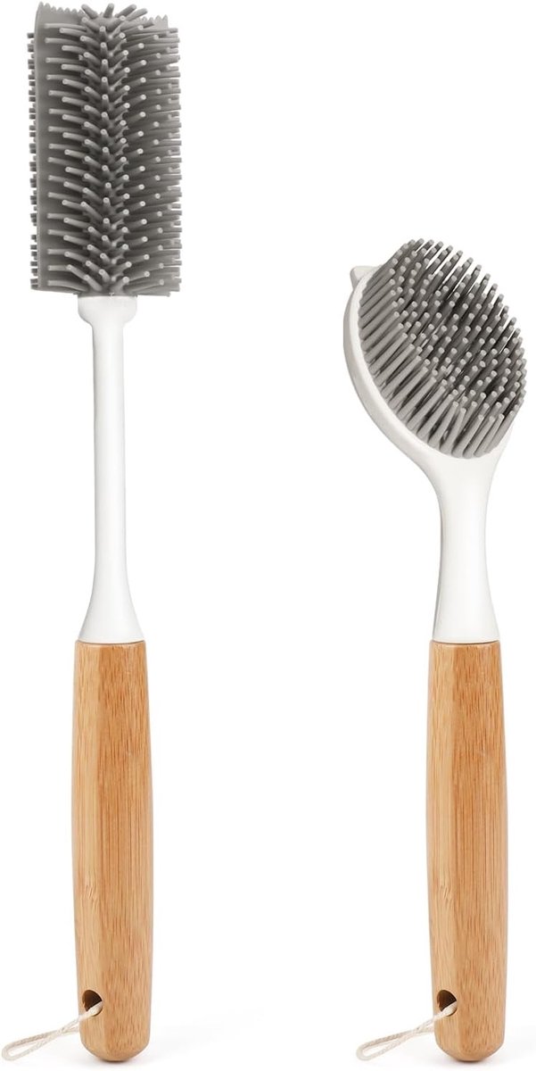 Set van 2 Duurzame Afwasborstels van Bamboe voor Keuken en Badkamer, Inclusief Panborstel en Vloerborstel voor Efficiënte Schoonmaak