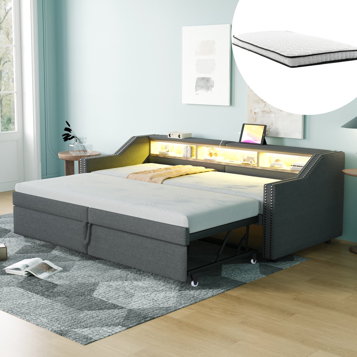 COVREO Slaapbank met uitschuifbed – 90/180x200 cm – Slaapbank met opbergruimte en USB – voor volwassenen – Donkergrijs - met matras