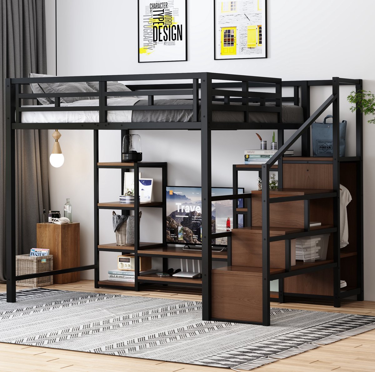 Hoogslaper 140x200 cm - Met TV-Standaard en Stopcontact - Met Opbergladder en Opbergruimte - Voor Slaapkamer of Studio - Metaal en MDF - Zwart - Zonder Matras
