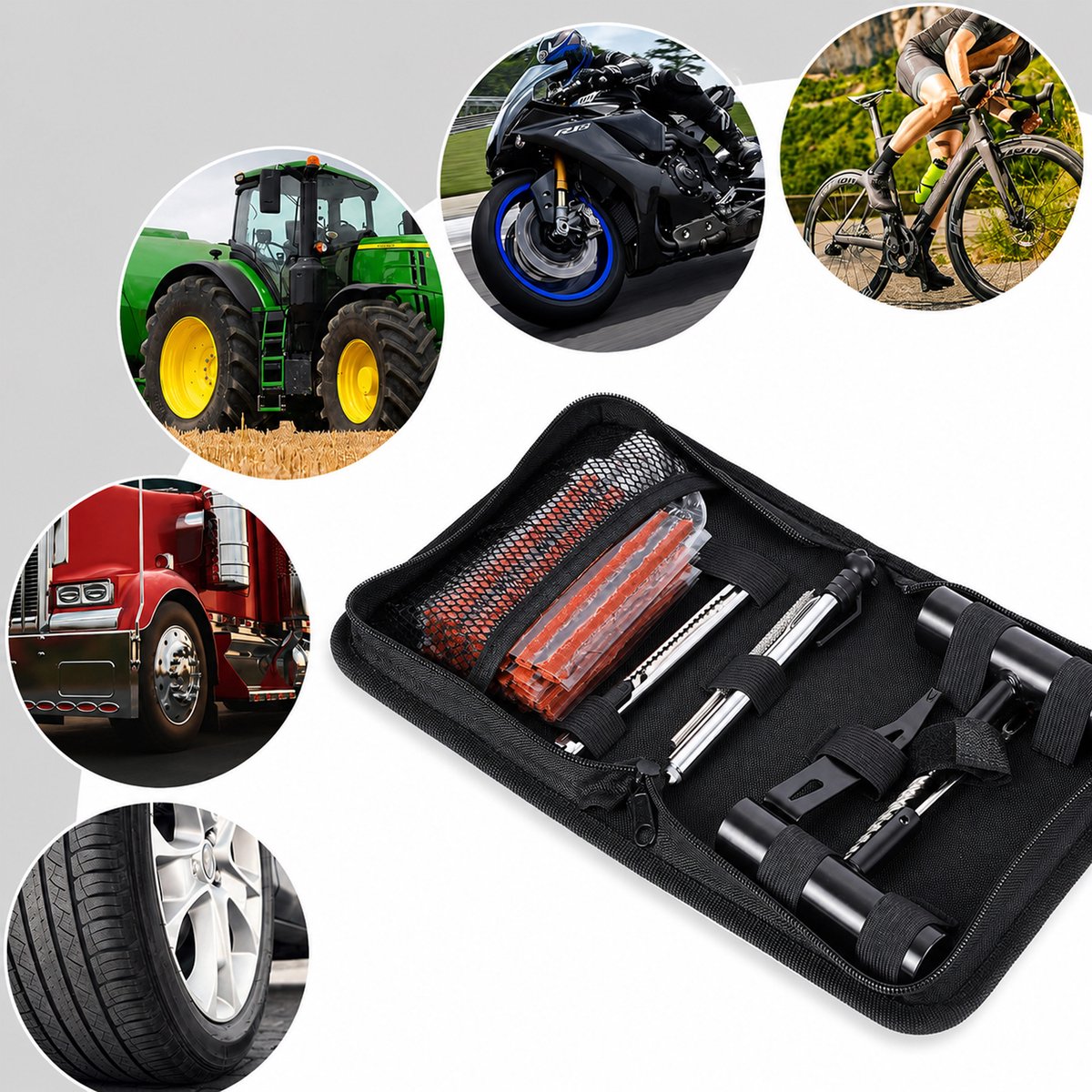 Kaiyaya - 62-delige bandenreparatieset - tubeless noodreparatie set - complete set met opbergtas - voor auto, motor, scooter, fiets - metaal en kunststof thumbnail 5