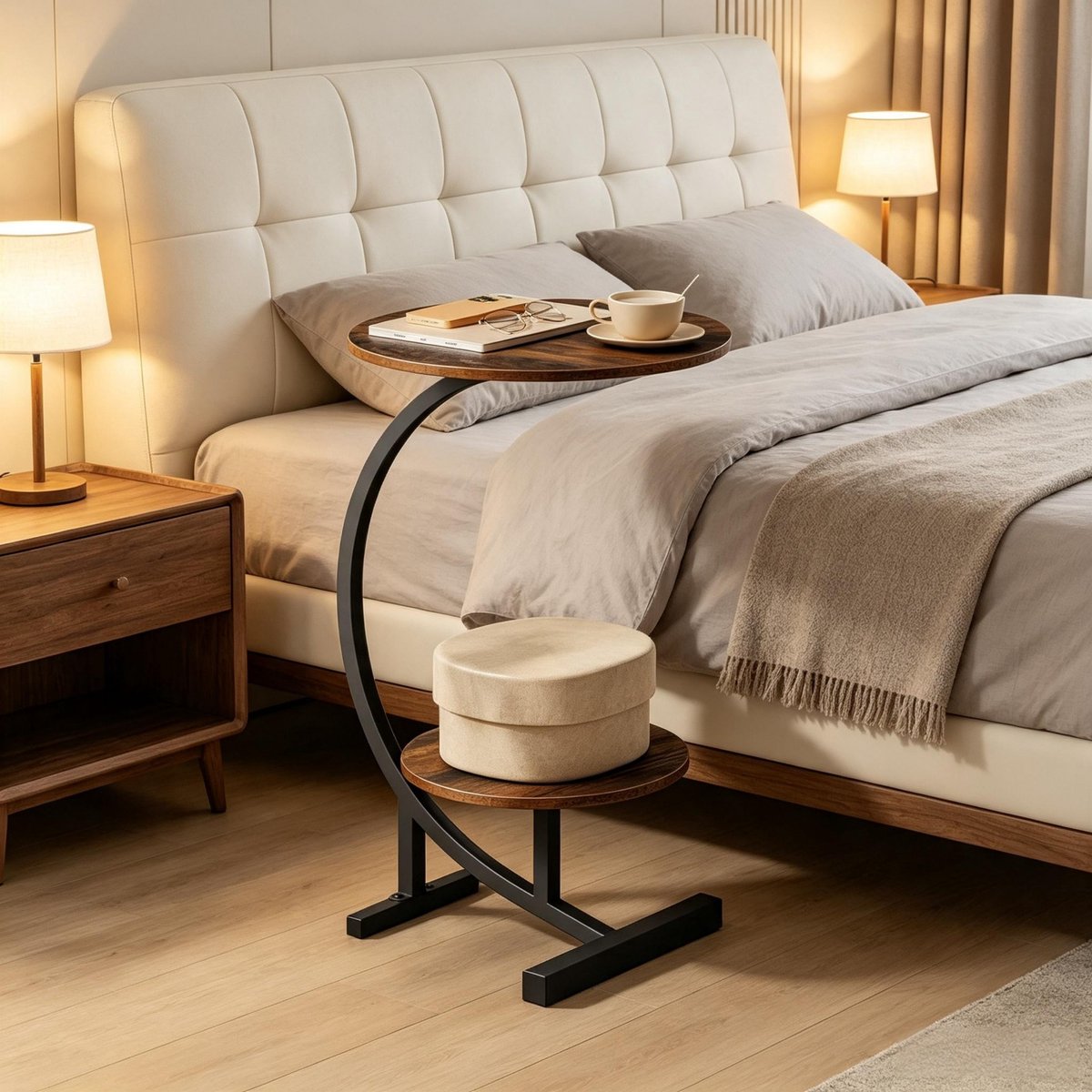 REDOM - Bedtafel met dubbele opbergplanken - Rond tafelblad met melamine coating - Metalen frame - Moderne stijl - Slaapkamer en woonkamer - MDF en metaal - Bruin - Ø40 x 66 cm