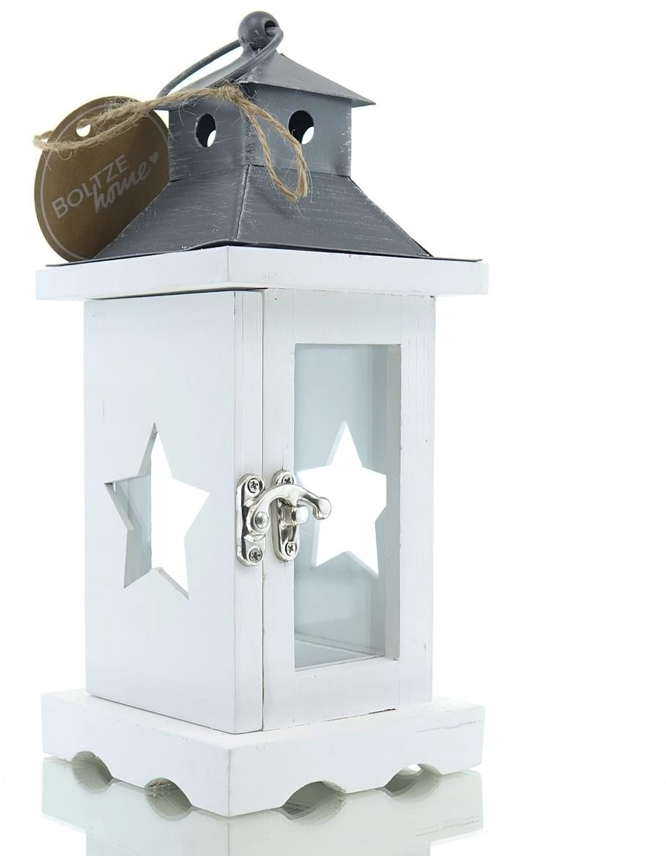 Boltze kerstlantaarn Davos L wit 36 cm - hout en metaal