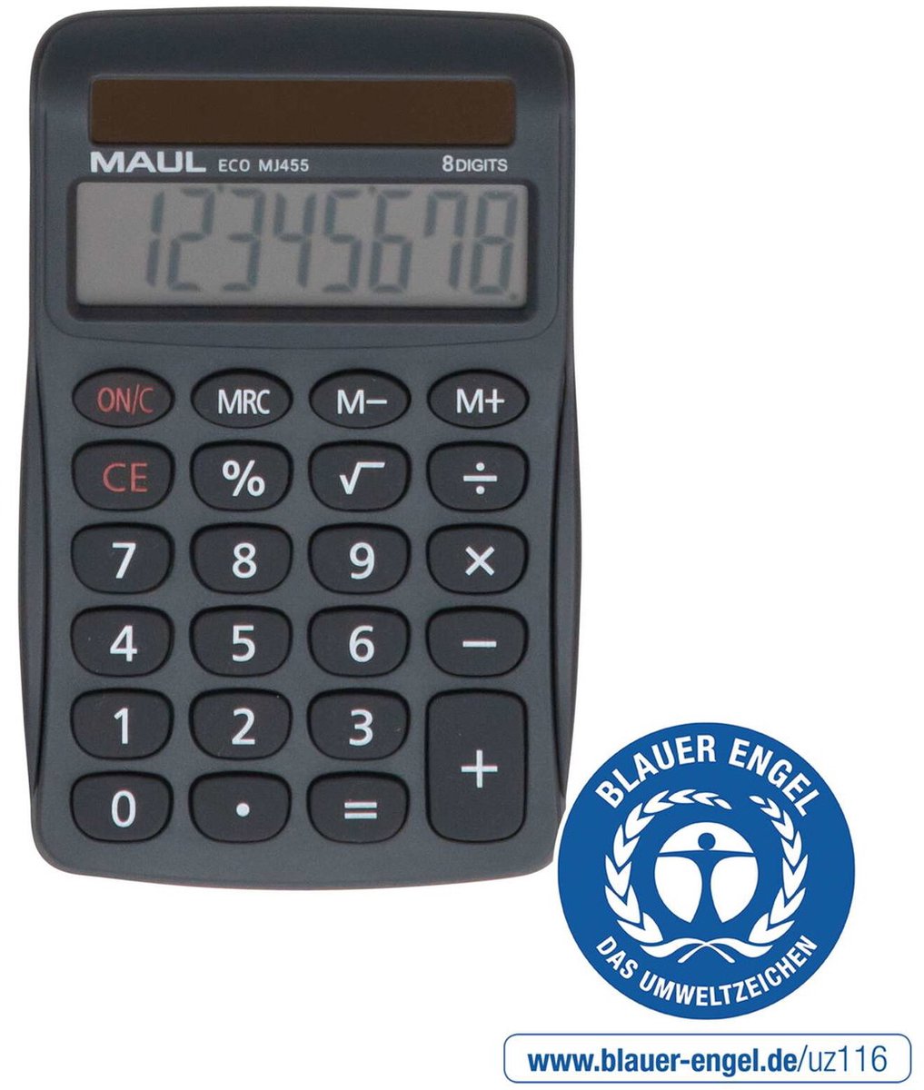 MAUL Bureaurekenmachine ECO MJ 455 LCD-scherm 1-regelig, 8 cijfers Solar 11.2 x 7.1 x 2 cm grijs