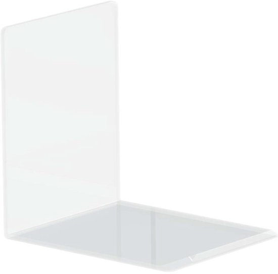 Eén transparante acryl boekensteun op een witte achtergrond.