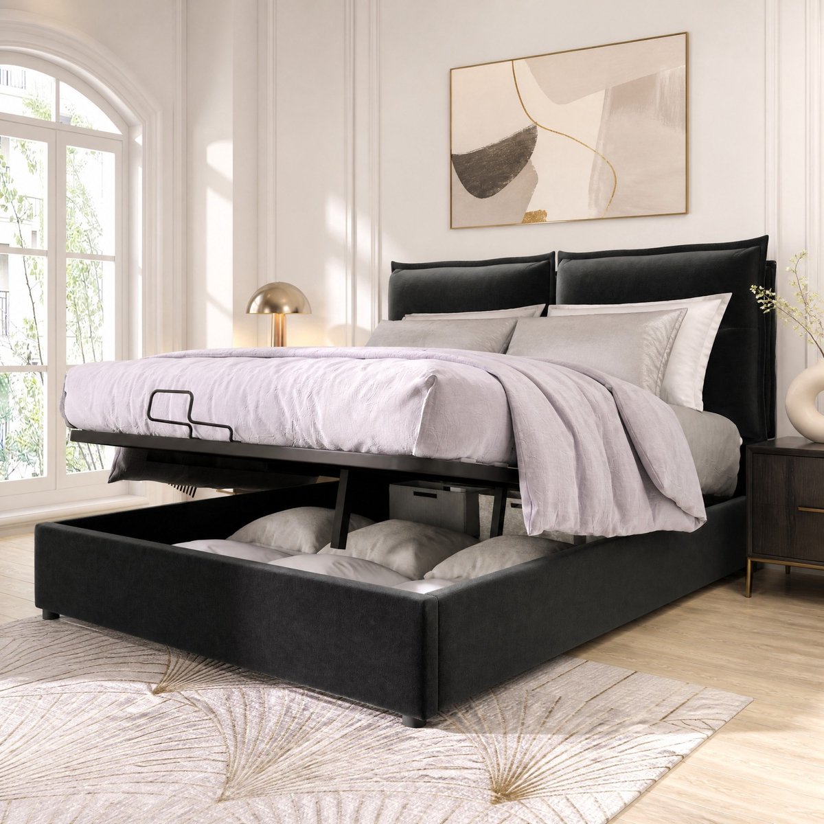 COVREO Bed met verstelbaar hoofdeinde – 140x200 cm – Bedframe met opbergruimte – voor volwassenen – Zwart - zonder matras