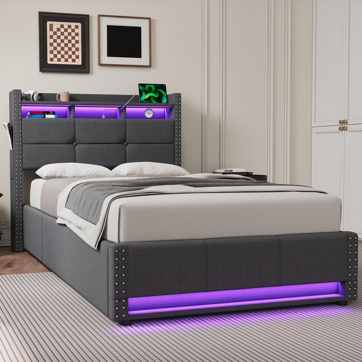 STILVORA Gestoffeerd Bed 90x200cm – Eenpersoonsbed met Oplaadfunctie en LED Licht – Hydraulische Opbergruimte in Hoofdbord – Linnenstijl – Donkergrijs – Zonder Matras