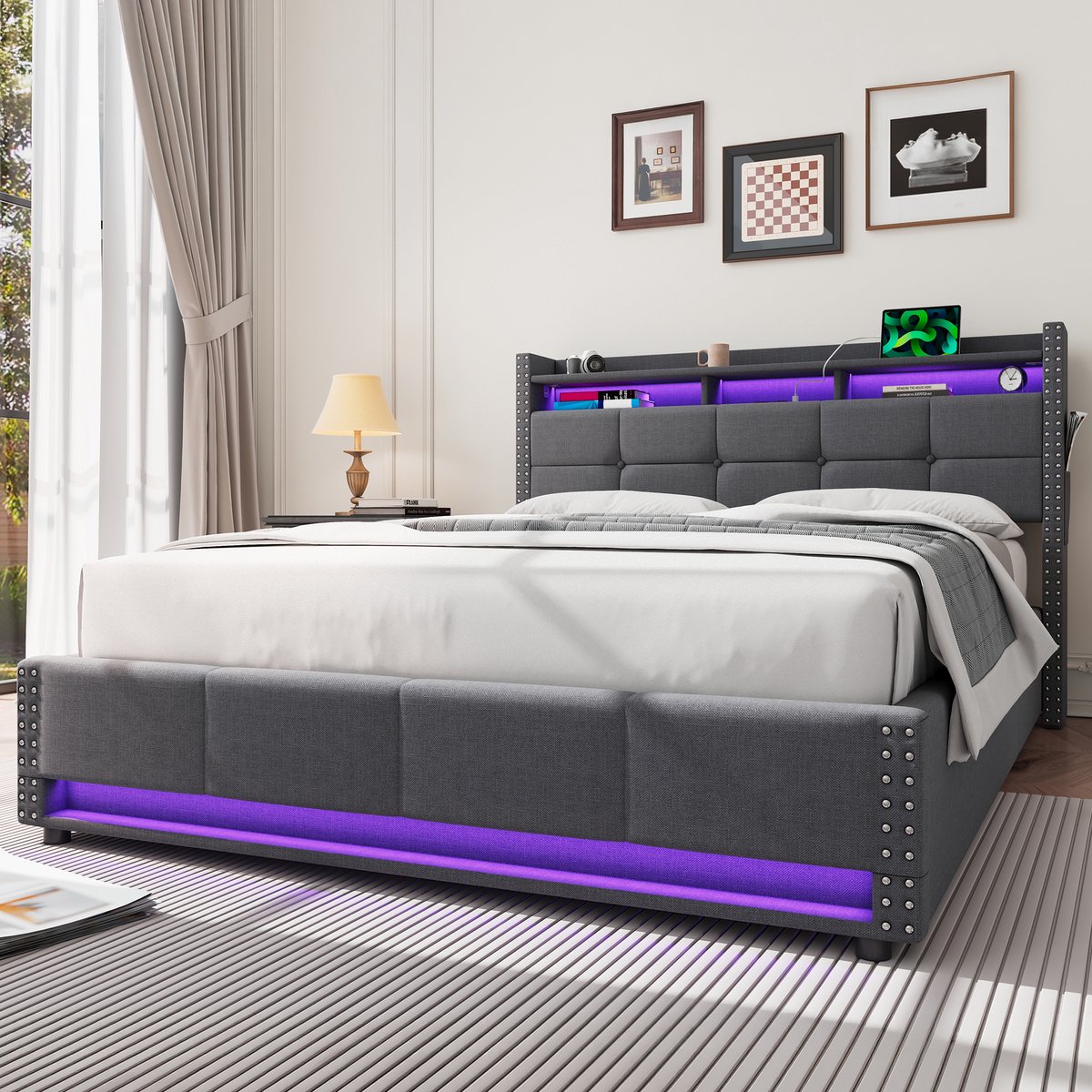 STILVORA Gestoffeerd Bed 140x200cm – Led Verlichting En Oplaadfunctie – Hydraulische Opbergruimte In Hoofdbord – Voor Slaapkamer – Donkergrijs – Zonder Matras