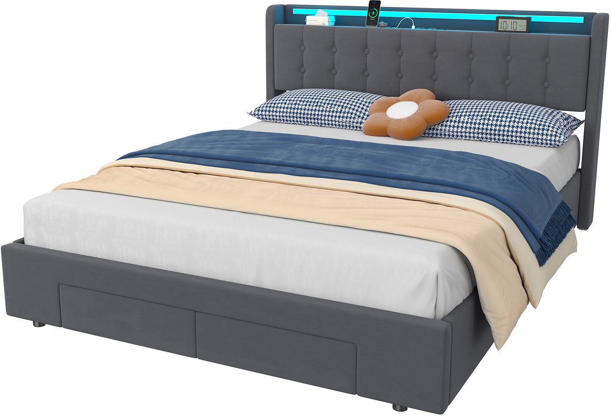 DESMIU Gestoffeerd Bed 160x200cm – Bedframe Met Opbergruimte, Lades, USB-poort En LED-verlichting – Voor 2 Personen – Fluweel – Donkergrijs - Zonder Matras