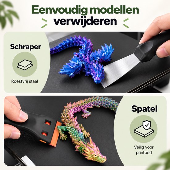 Roestvrijstalen schraper en spatel voor het veilig verwijderen van 3D-prints van het printbed.