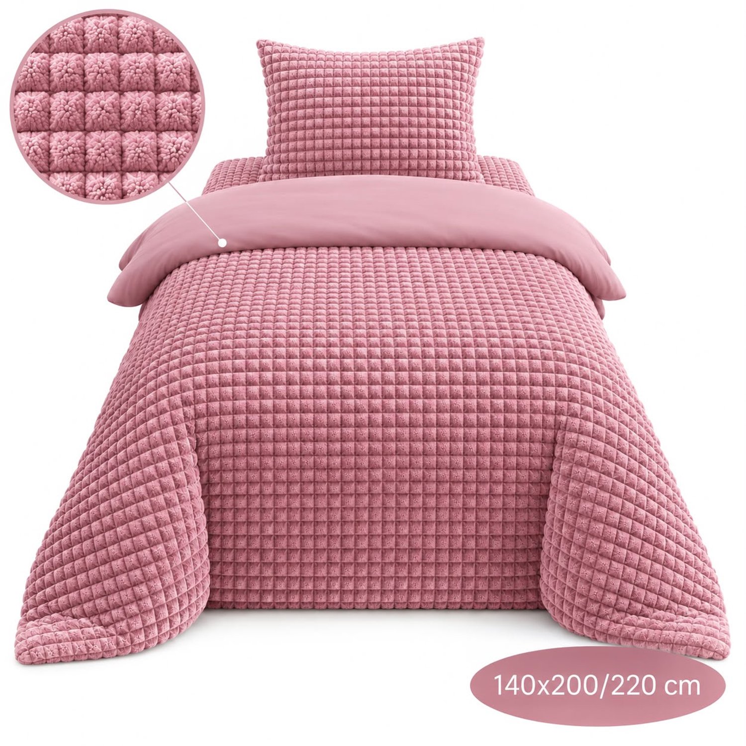Roden Blue - Popcorn fleece dekbedovertrek set - 140x200/220 cm - Roze - Zacht - Anti-allergeen - Wasbaar