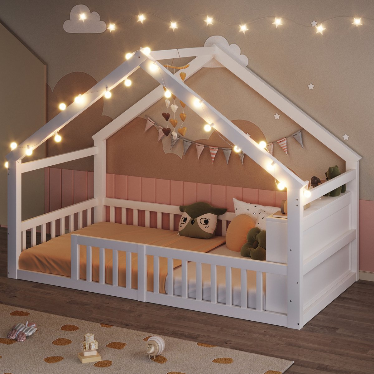REDOM - Kinderbed - Huisvorm met uitvalbeveiliging - Met opbergrekken en lattenbodem - Met verlichting - Kinderkamer - Hout - Wit - 215 x 94,5 x 158 cm