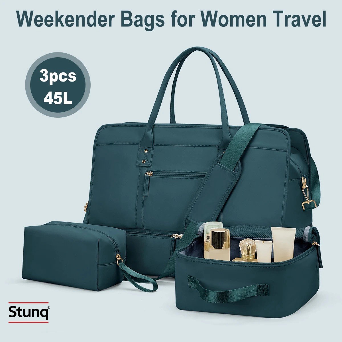Stunq® Reisplunjezak Sporttas 45L Donkergroen - 3-delige set met Toilettas & Schoenenvak