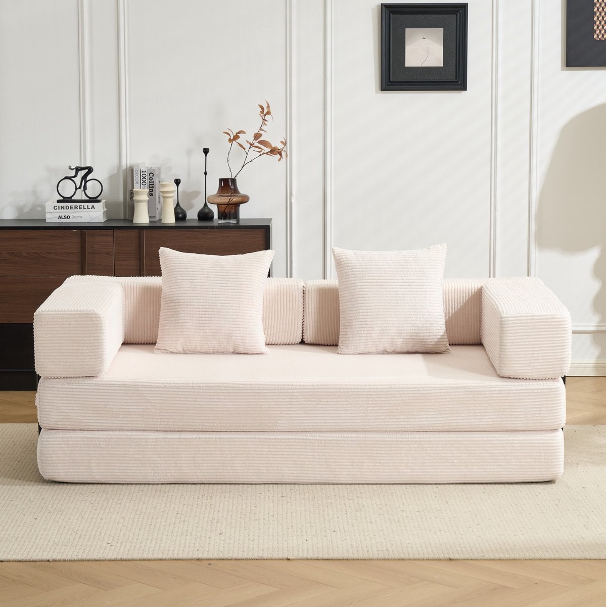 OKWISH Slaapbank 2-Zits - Opvouwbare Vloerbank & Bankbed - Met Kussens, Armleuningen & Zachte Corduroy Bekleding - Voor Woonkamer, Slaapkamer, Logeerkamer - Wit