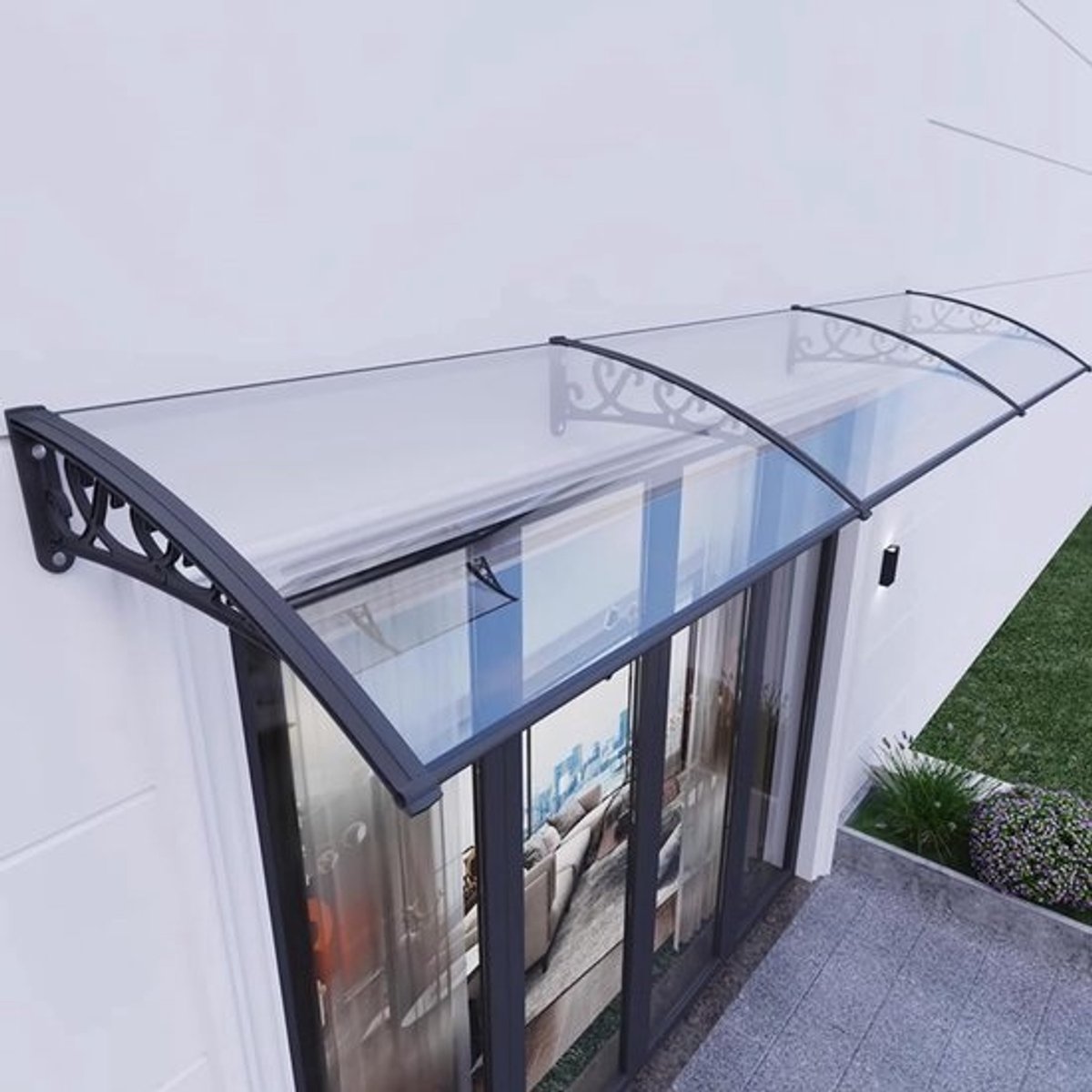 Gebogen Deurluifel - Regenscherm Buiten - Bescherming Ramen - Uv-bestendig Polycarbonaat - 60 x 90 cm - Zwart Aluminium