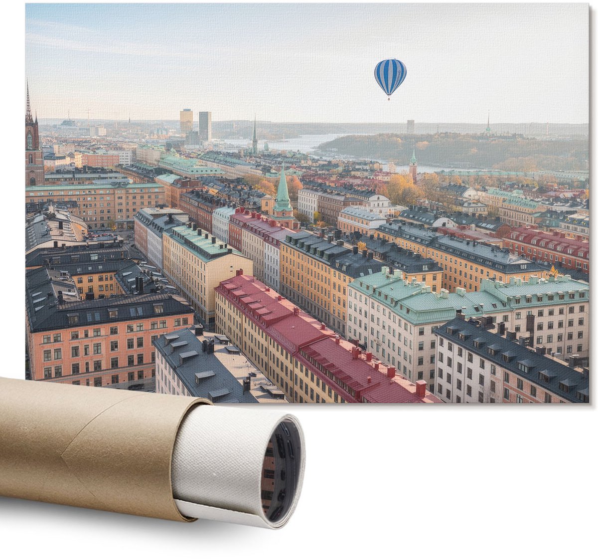 Coloray Polycanvas Wandposter – Ballonvaart boven de Stad, Beige – A1 – Groen Illustratie – Rechthoek – Canvas Wandposter – Woonkamer – Klassiek