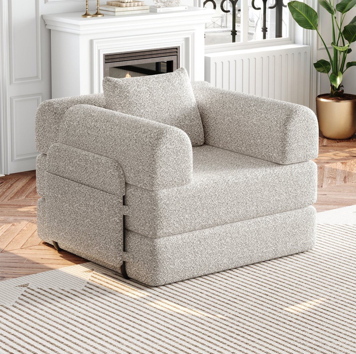 OKWISH Slaapbank 1-Zits 2-in-1 Met Opbergruimte In De Armleuning En Stalen Frame Voor Wonen En Slapen Chenille Khaki