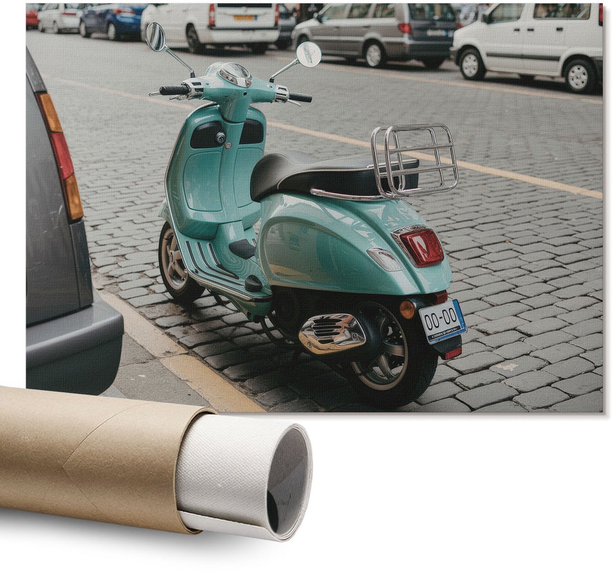 Coloray Polycanvas Wandposter – Turquoise Scooter, Turkoois – A1 – Grijs Design – Rechthoek – Decoratieve Wandposter – Woonkamer – Modern