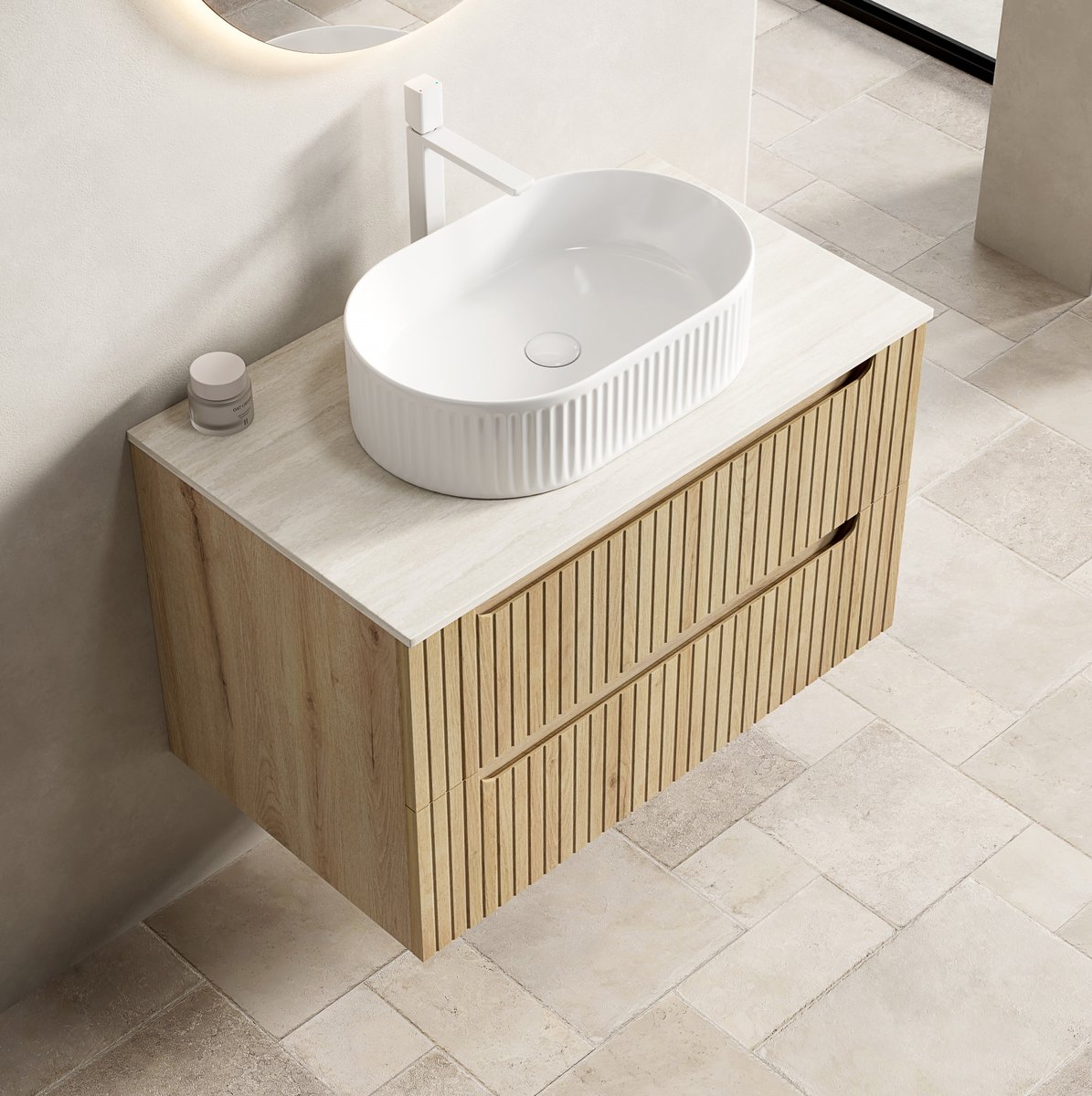 FloraGrace Badkamermeubel - Wandhangend Wastafelmeubel Met 2 Lades En Zachtsluitende Afwerking - Voor Moderne Badkamer - Keramiek En Hout - Wit En Wit Eiken - 80 Cm