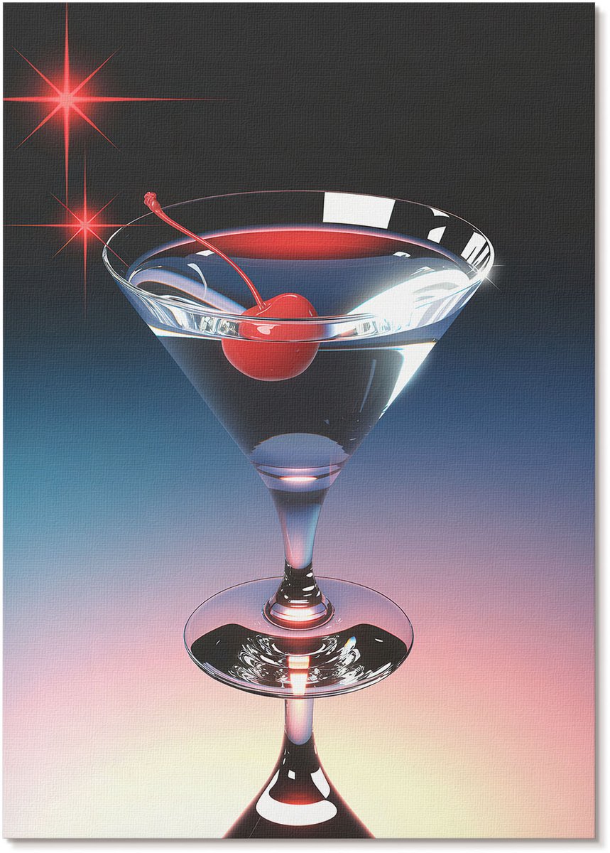 Tulup Canvas Poster Polycanvas - Kersencocktail, Illustratie - A4 - Zwart Decoratie - Rechthoek - Wandkunst - Woonkamer, Slaapkamer, Kantoor - Glamour