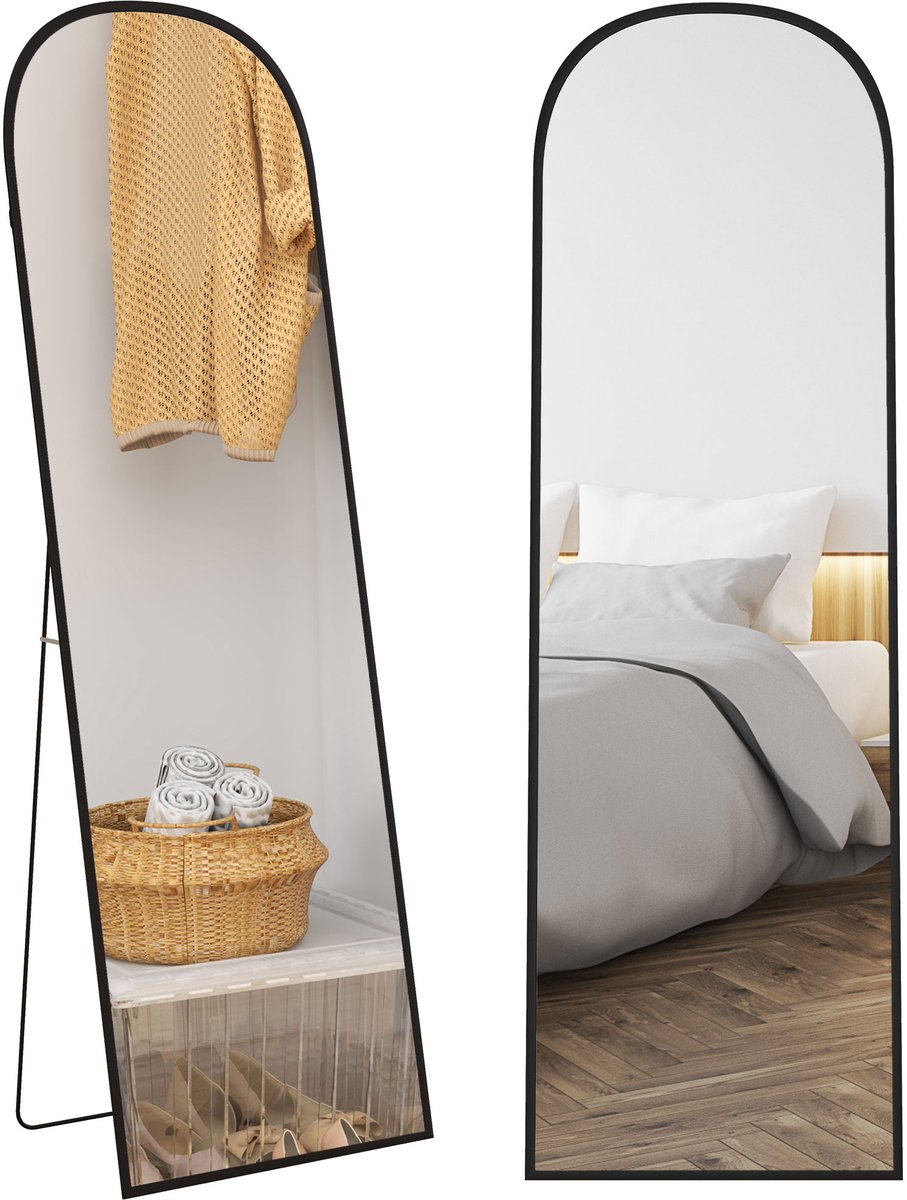Gebogen staande spiegel, 162 x 50 cm, grote wandspiegel, passpiegel met aluminium frame, kantelbare spiegel voor de woonkamer, slaapkamer of hal, zwart