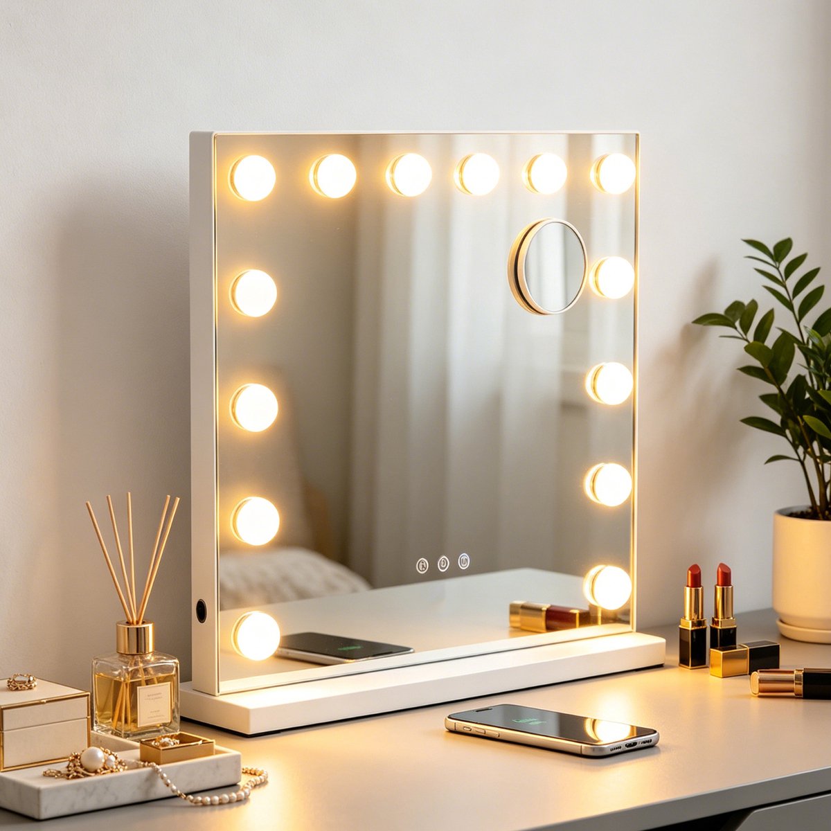 ANTENLICHT Make‑up Spiegel - Hollywood Spiegel 50x42CM met Verlichting - 14 Dimbare LED Lampen - 10x Vergroting - 3 Lichtstanden - Touch Bediening - Wit