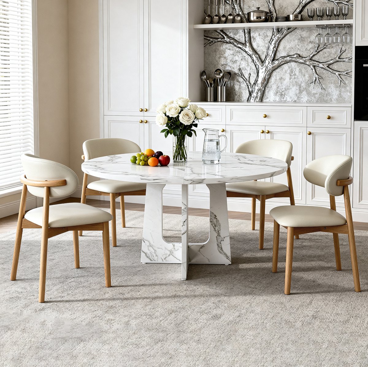 MODENUIT Eettafelset - Ronde Tafel met 4 Stoelen - Voor Eetkamer en Woonruimte - Hout - Wit - 120x120x76 cm