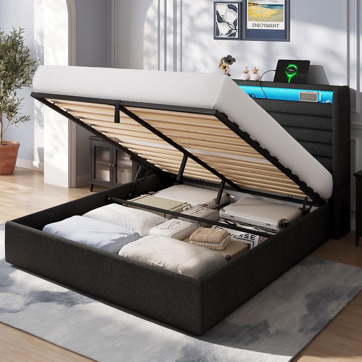 Bedframe 140x200 cm - Industrohome Ledikant met LED-verlichting, USB-oplaadstation en hydraulische opbergruimte, Modern design in Linnen Donkergrijs