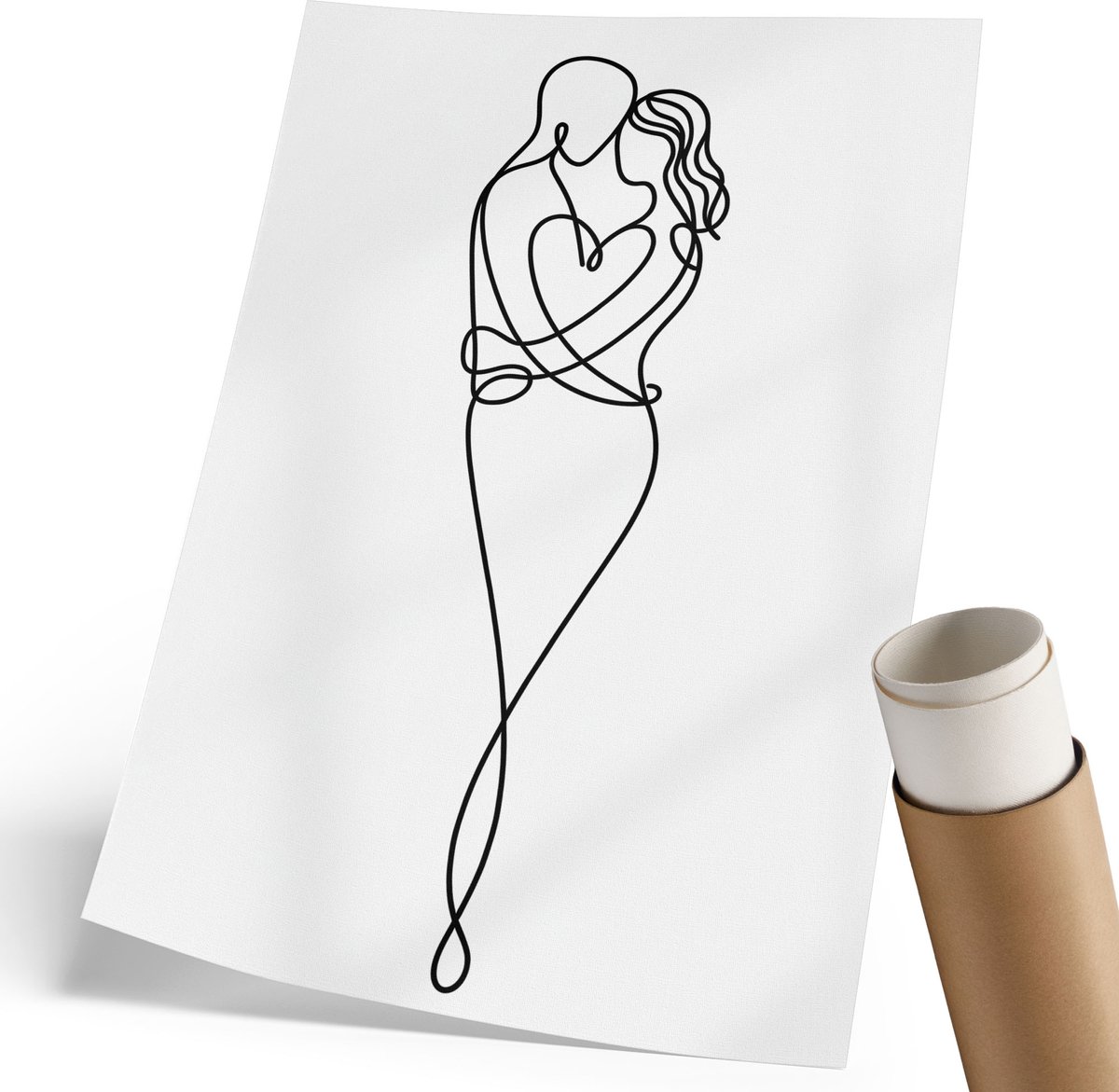 Coloray Polycanvas Wandposter - Liefdeslijn, Lijntekening - 210 x 297 mm - Wit Motief - Rechthoek - Interieurdecoratie - Woonkamer, Slaapkamer, Kantoor - Romantisch