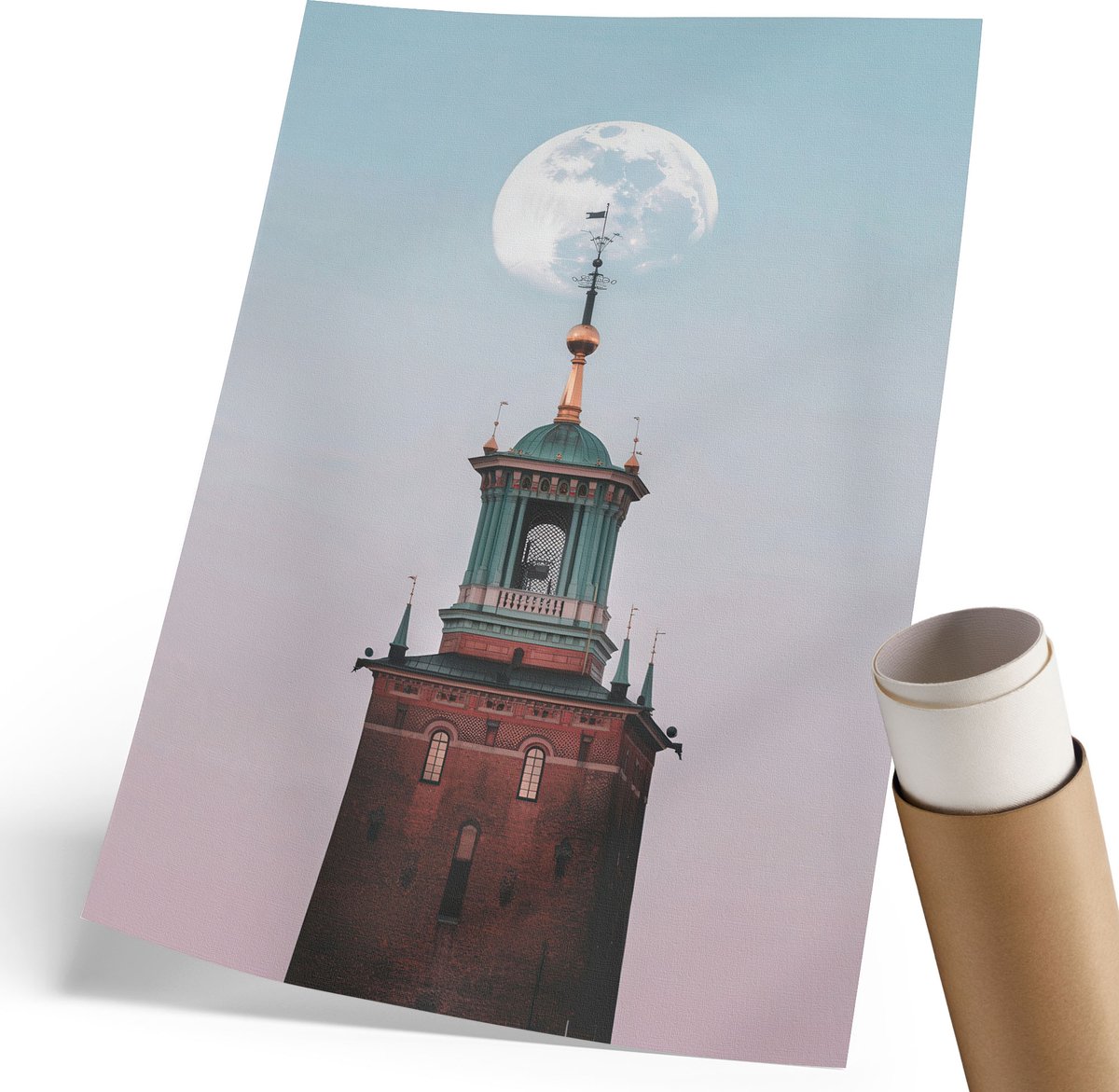 Coloray Polycanvas Poster - Maantoren, Fotografie - 210 x 297 mm - Blauw Illustratie - Rechthoek - Muurdecoratie - Woonkamer, Slaapkamer, Kantoor - Modern