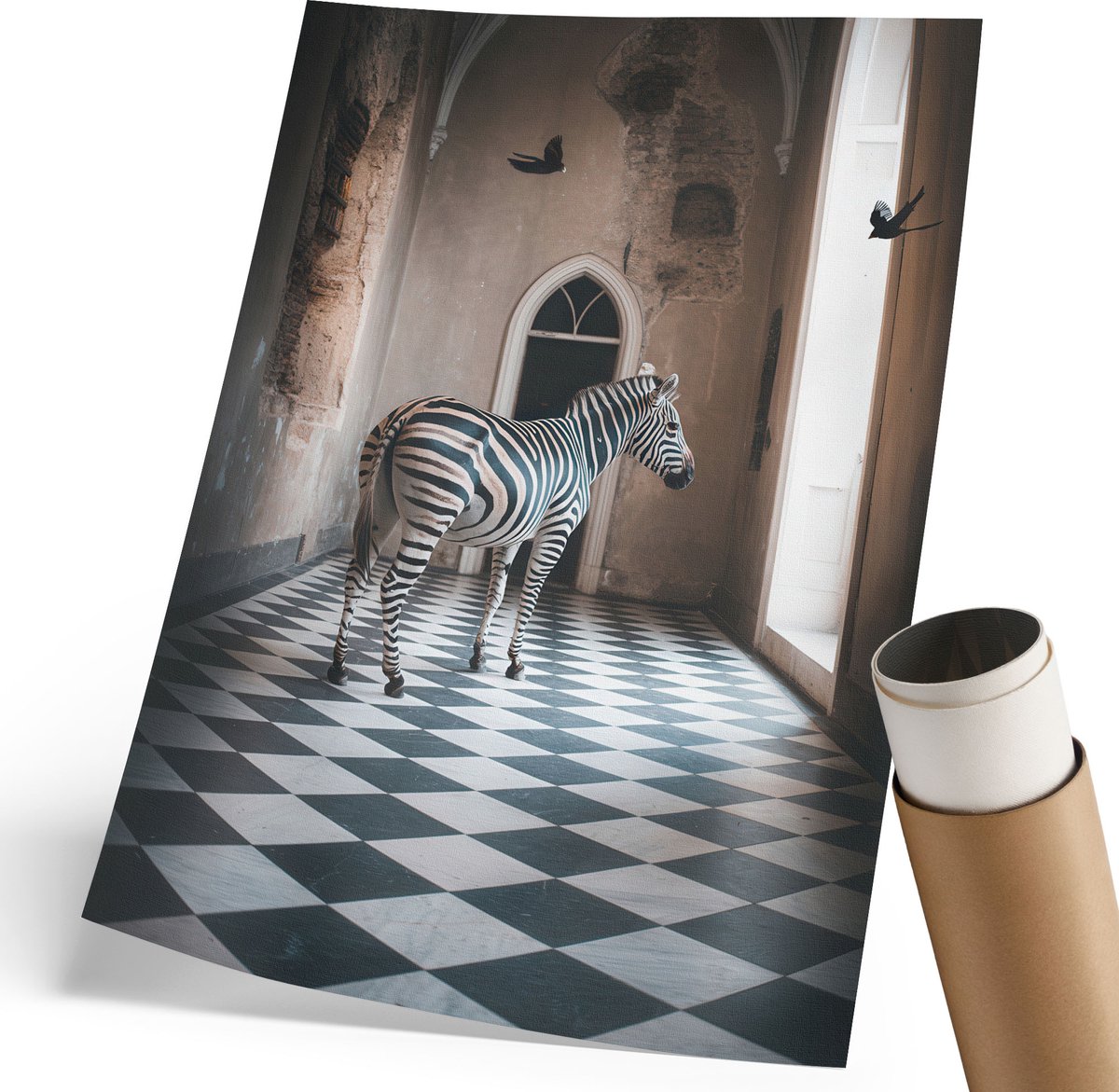 Coloray Canvas Poster Polycanvas - Zebra In De Architectuur, Fotografie - 210 x 297 mm - Zwart-wit Decoratie - Rechthoek - Kunstposter - Woonkamer, Slaapkamer, Kantoor - Modern