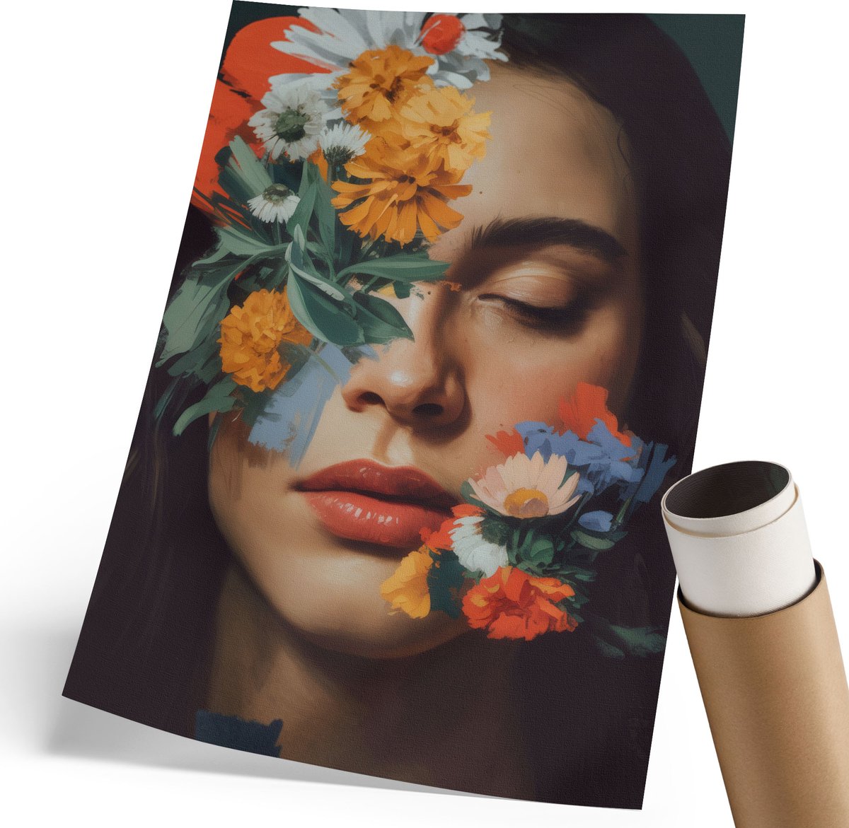 Coloray Polycanvas Wandposter - Bloemenportret, Schilderen - 210 x 297 mm - Groen Patroon - Rechthoek - Canvasposter - Woonkamer, Slaapkamer, Kantoor - Expressief