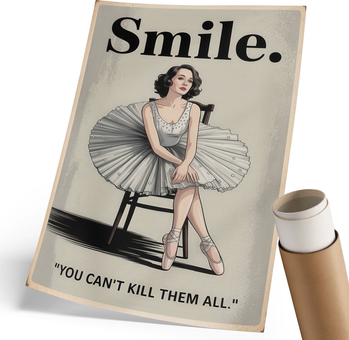 Coloray Polycanvas Wandposter - Glimlach, Illustratie - 210 x 297 mm - Grijs Poster - Rechthoek - Wandkunstwerk - Woonkamer, Slaapkamer, Kantoor - Retro
