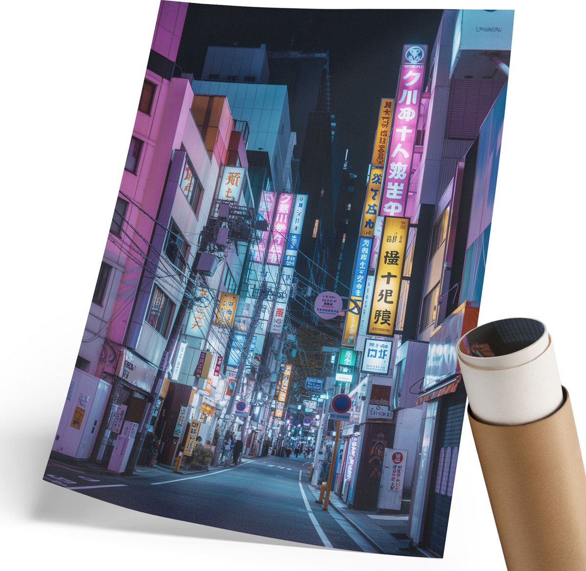 Coloray Polycanvas Wandposter - Een Straat In Japan, Illustratie - 210 x 297 mm - Blauw Kunst - Rechthoek - Interieurdecoratie - Woonkamer, Slaapkamer, Kantoor - Futuristisch