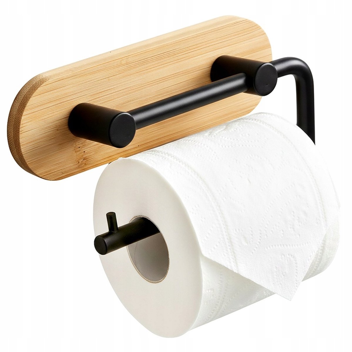 Zelfklevende Toiletrolhouder - Metaal & Bamboe - Zwart