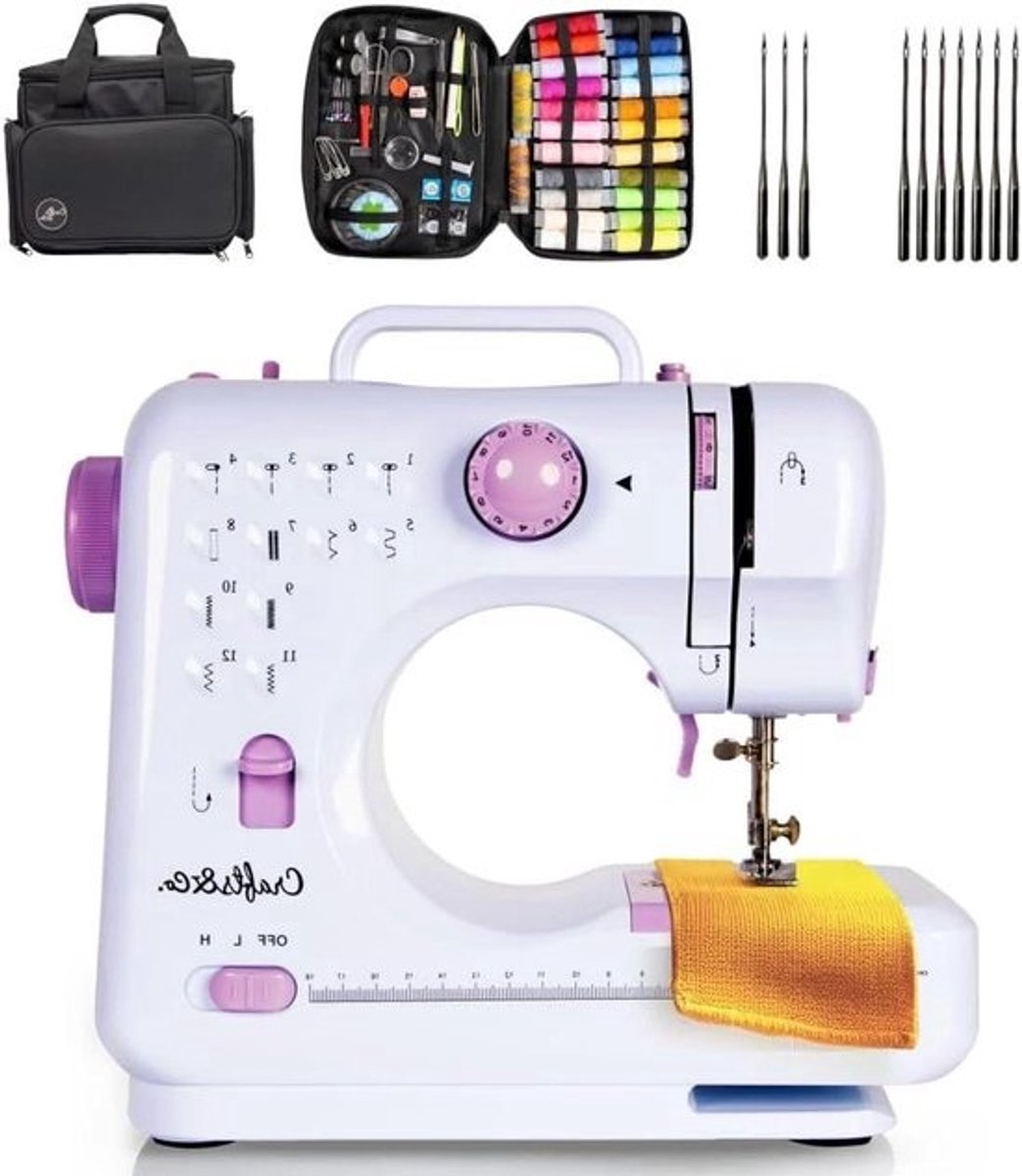 Naaimachine met Tas - Naaiset Mini - Kleine projecten - 12 Stekenprogramma's - 284 x 123 x 26cm - Wit-Lila