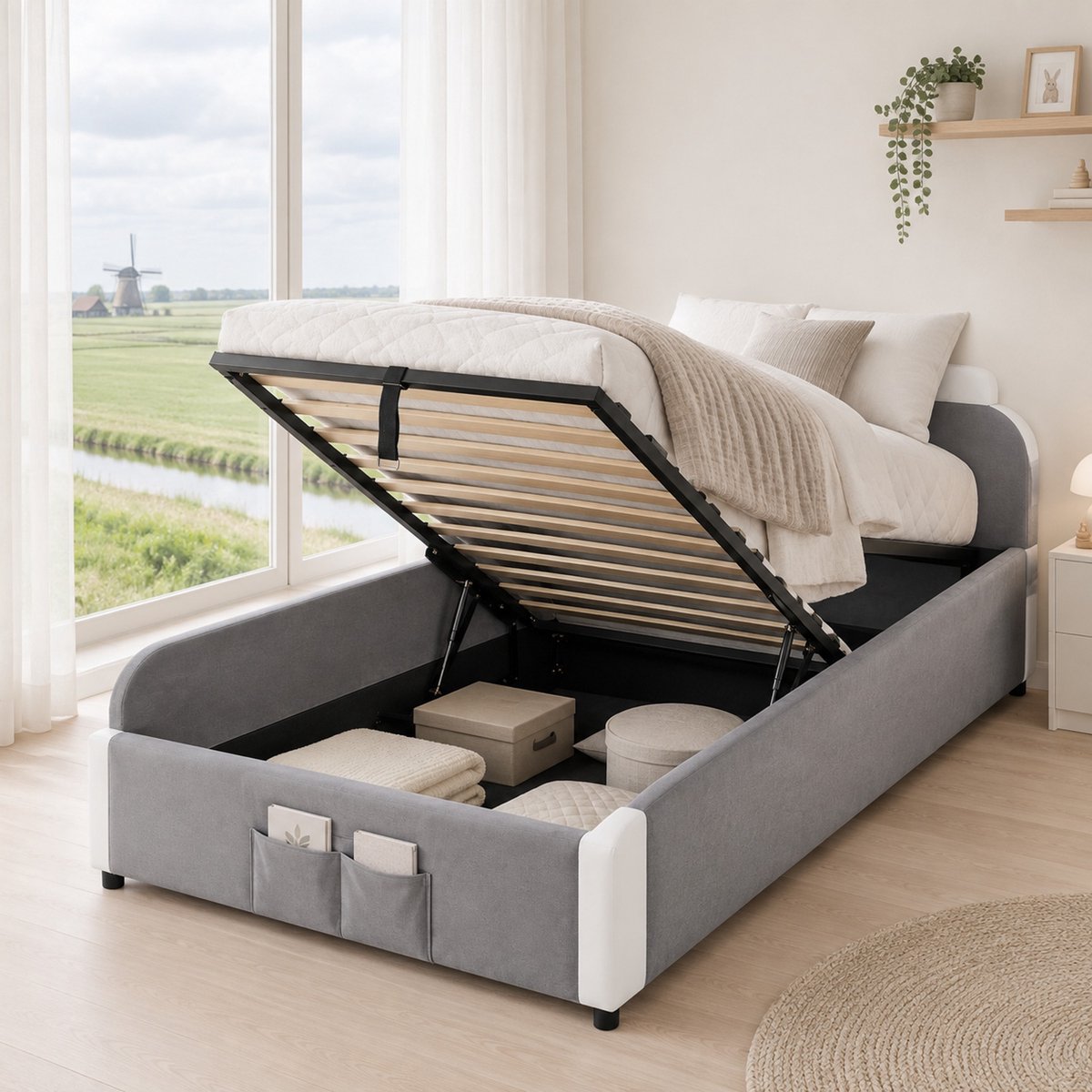 WUVRIE Kinderbed 90x200 cm met hydraulische opbergruimte, soft guardrail en grijs