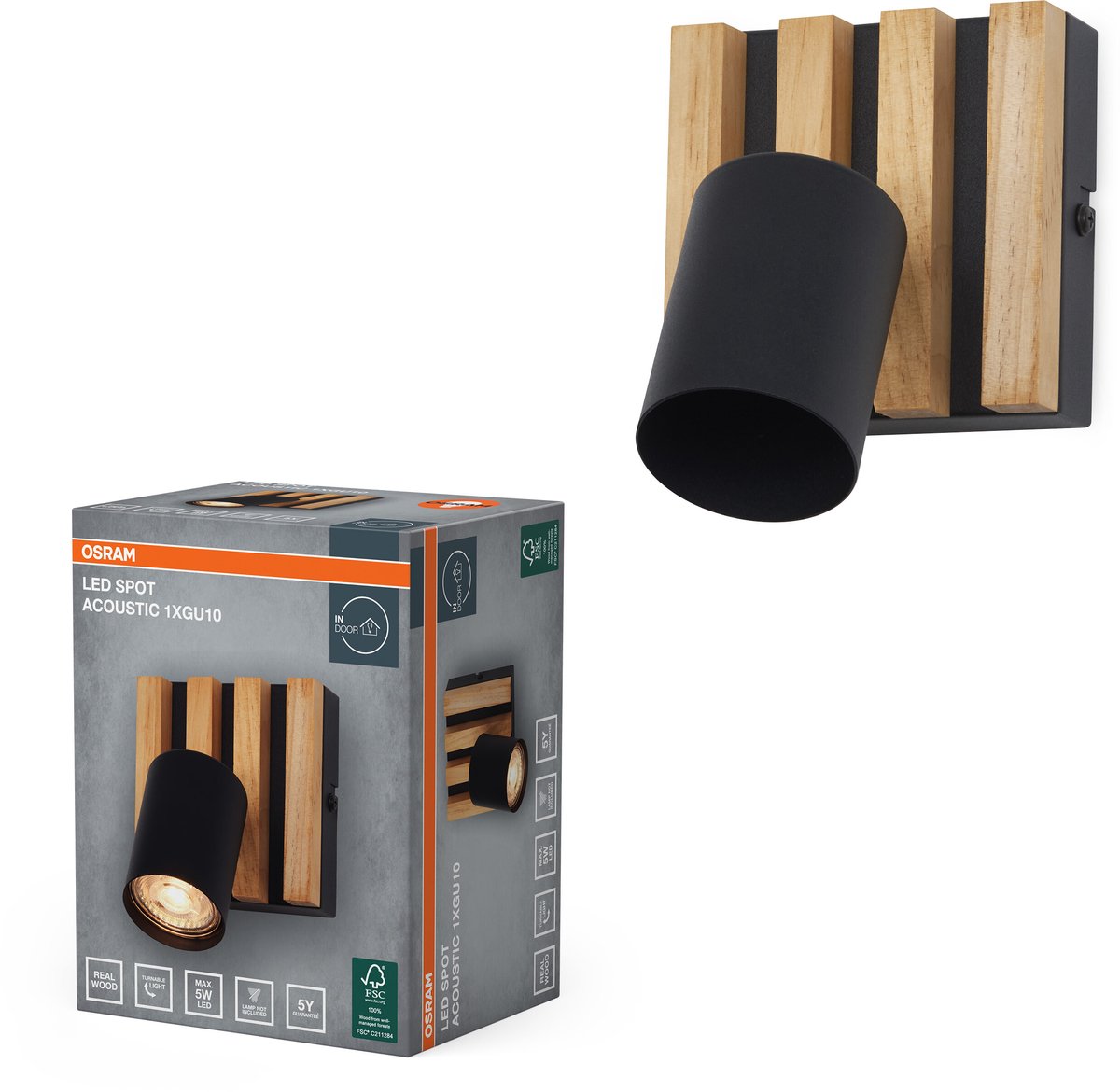OSRAM zwart/houtdecor, staal en grenenhout, 220-240 V, GU10, klemverbinding, 3-polig (L, N, PE), IP20
