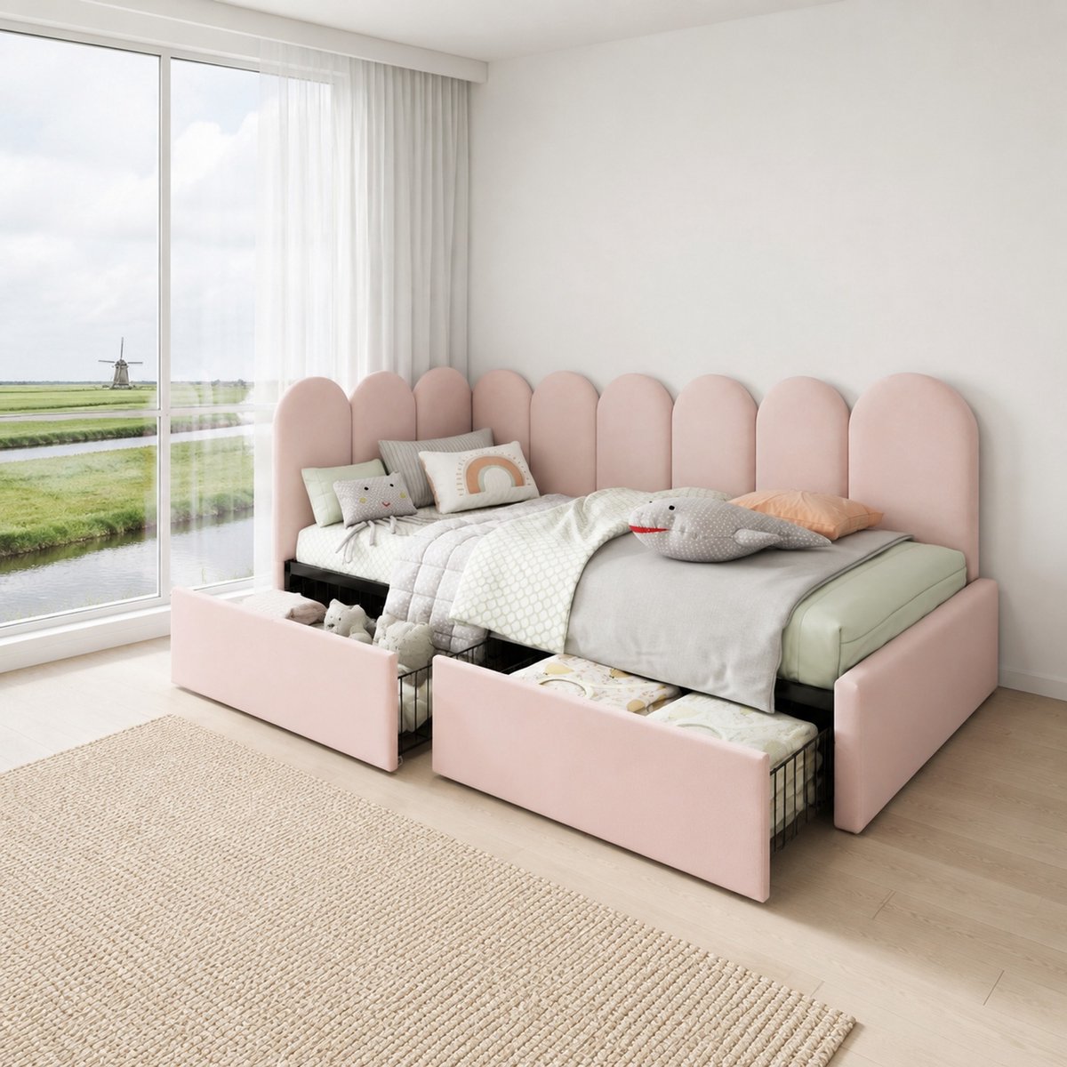 WUVRIE Bedbank 90x200 cm met 2 lades, lattenbodem en zachte velours bekleding in roze