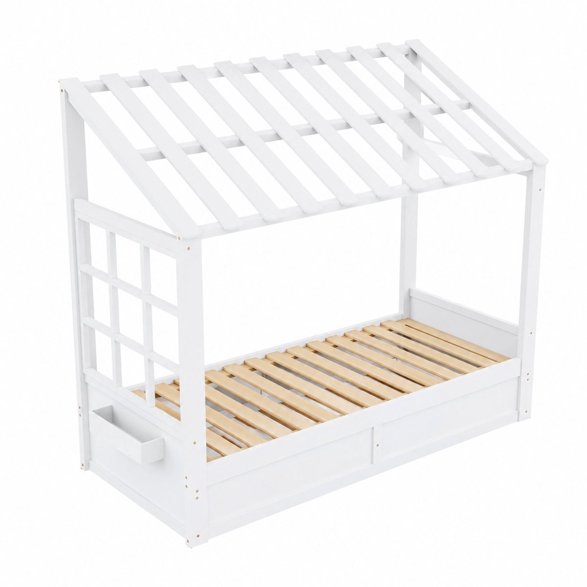 WUVRIE Hoogslaper 90x200 cm huisbed met dak, raam en opbergruimte, wit
