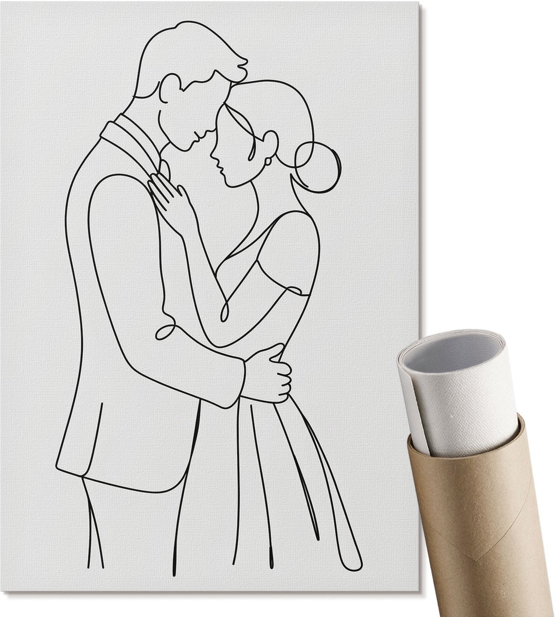 Coloray Polycanvas Poster - Romantisch Stel, Lijntekening - A4 - Wit Wandposter - Rechthoek - Muurdecoratie - Woonkamer, Slaapkamer, Kantoor - Romantisch