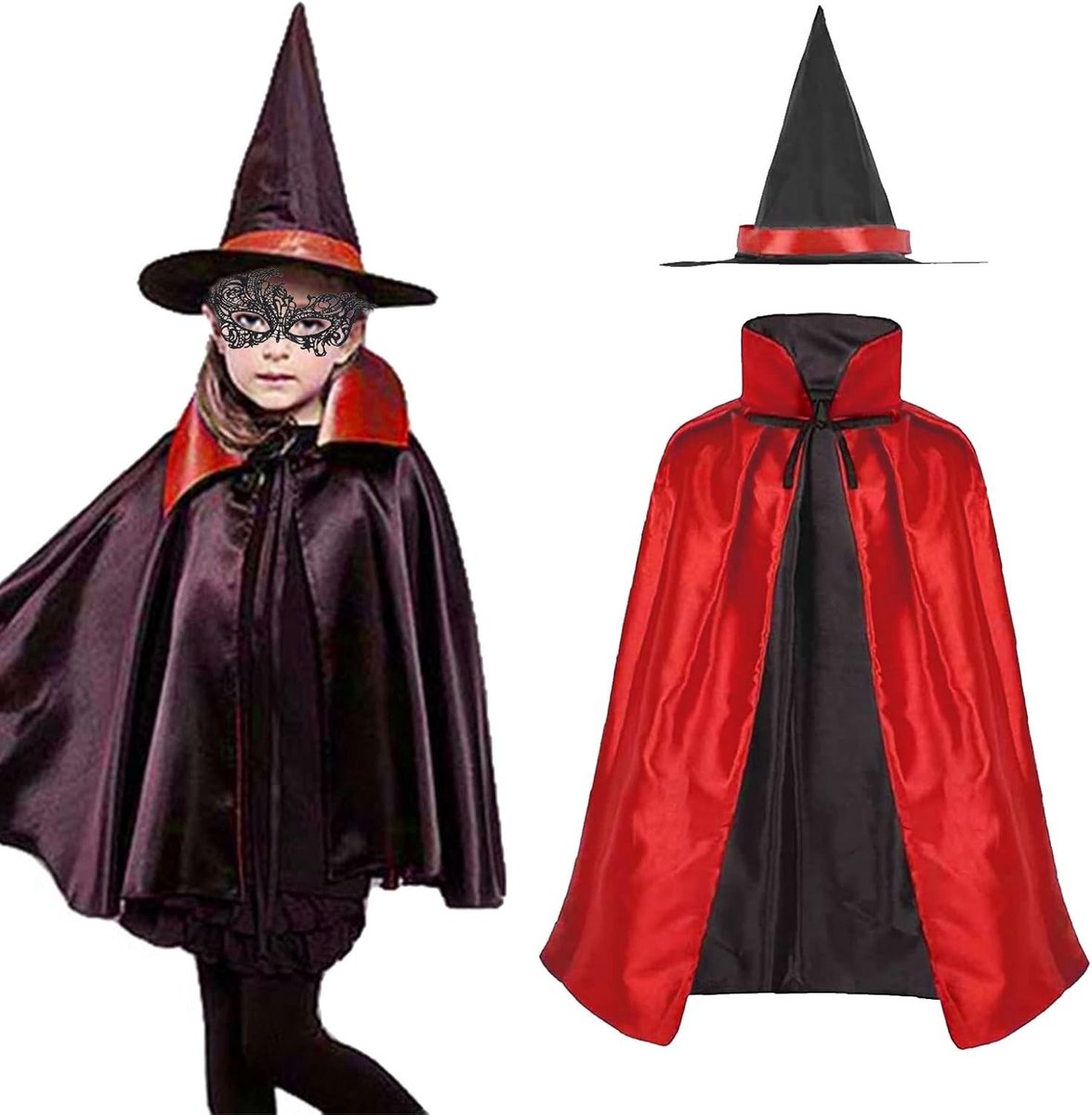 Dubbele cape met hoedset in rood en zwart, Halloween-kostuum voor kinderen en volwassenen, vampiercape, magische cape voor cosplay, 90 cm
