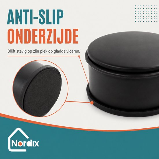 Close-up van de anti-slip onderkant van een zwarte ronde deurstopper. Tekst: 'ANTI-SLIP ONDERZIJDE'.