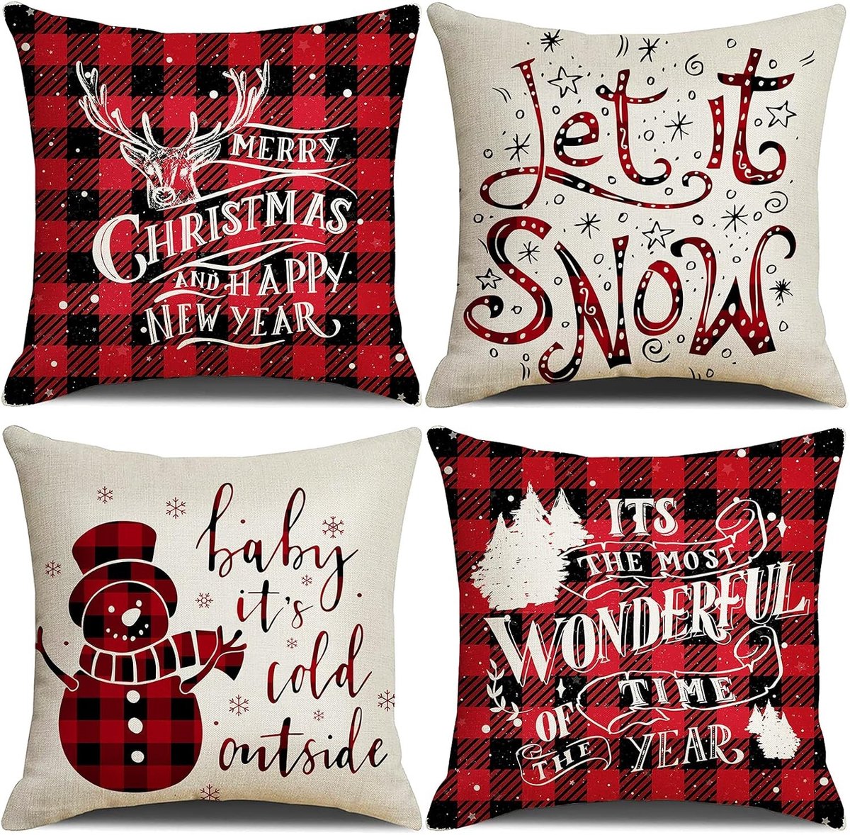 Set van 4 Kussenhoezen 40 x 40 cm, Kerst en Nieuwjaar Kussenhoezen met Onzichtbare Rits voor Woonkamer en Slaapkamer, Rood en Beige Decoratie