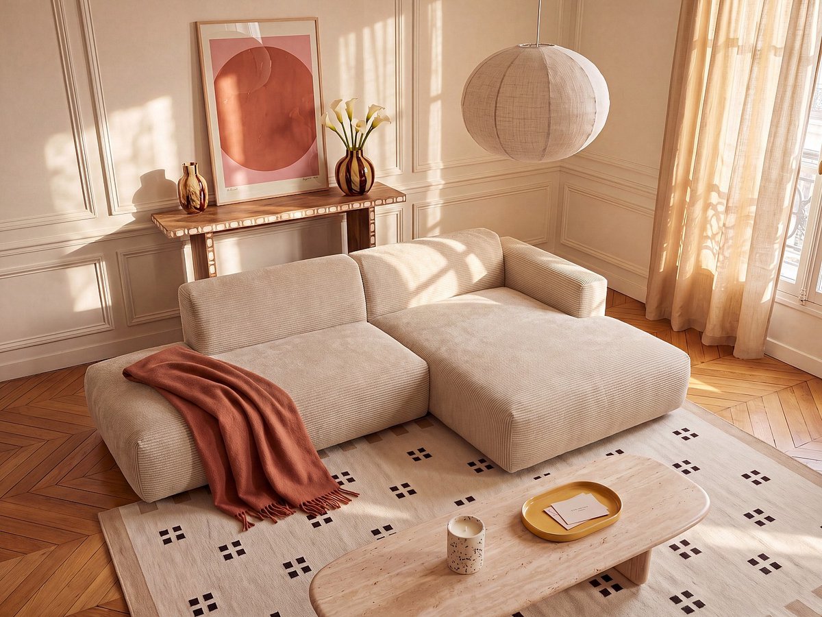 Vente-unique Modulaire hoekbank rechts in fijn ribfluweel - Beige - Maison Céphy POGNI