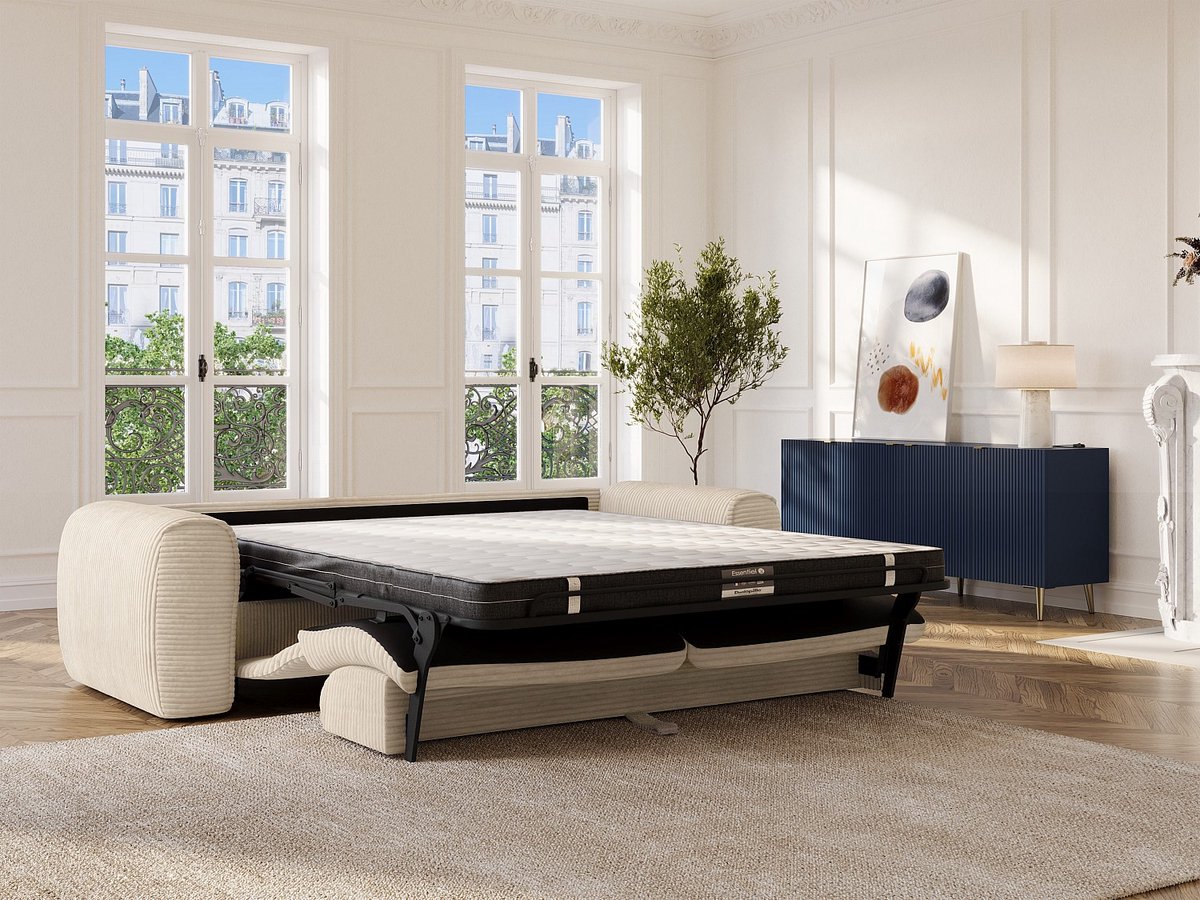Vente-unique Vierzitsslaapbank express in beige corduroy - Slaapoppervlak 160 cm - 16 cm matras met traagschuim POGNIA