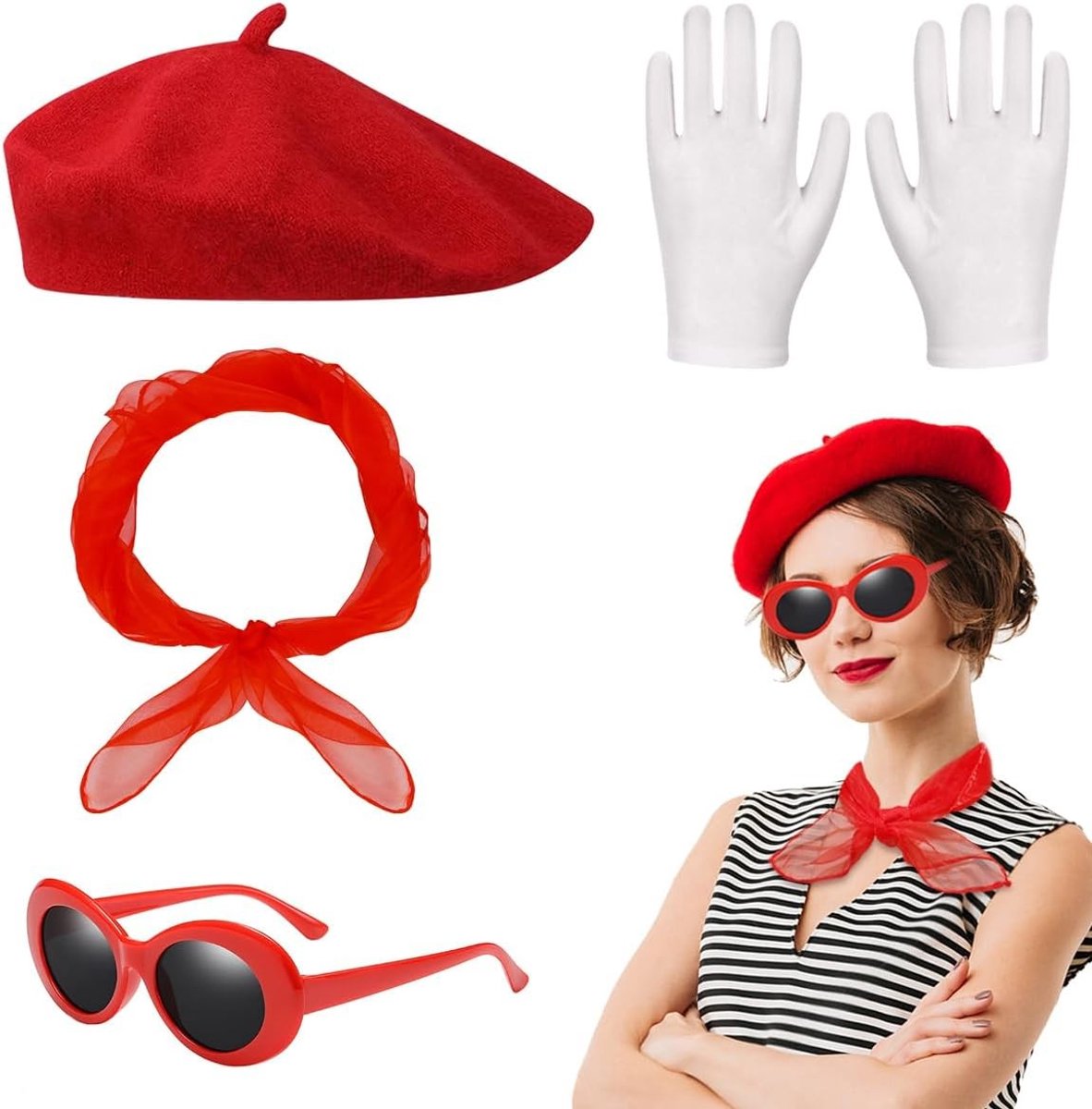 Rode hoed, sjaal, zonnebril en handschoenen voor vrouwen - retro kostuum voor feest, carnaval en Halloween