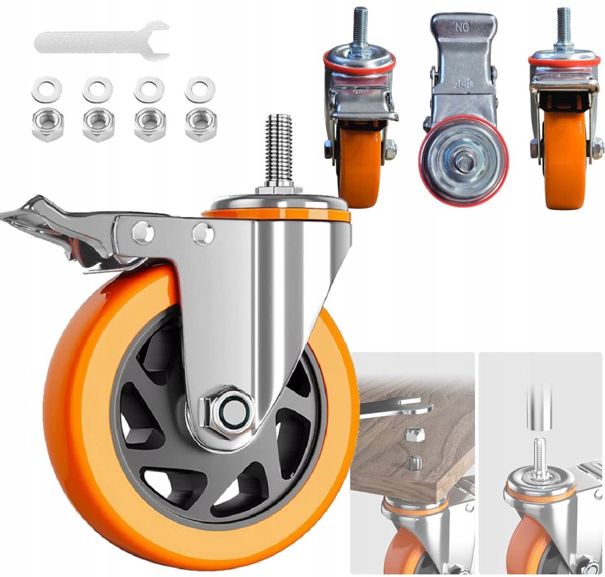 4x Zwenkwielen met Rem M12x30 - 100mm Zwaar Belastbaar